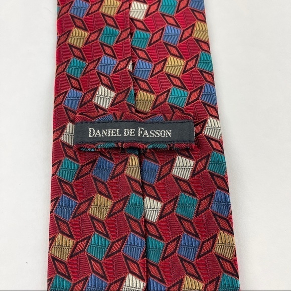 Daniel De Fasson Tie Mens Red Geometric - Picture 3 of 5